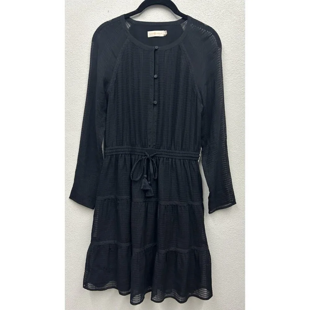 Tory Burch Silk Dress Size 2 Black Long Sleeve Knee Length Wedding Guest